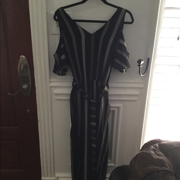 Striped Cold Shoulder Button Down Full Jumpsuit